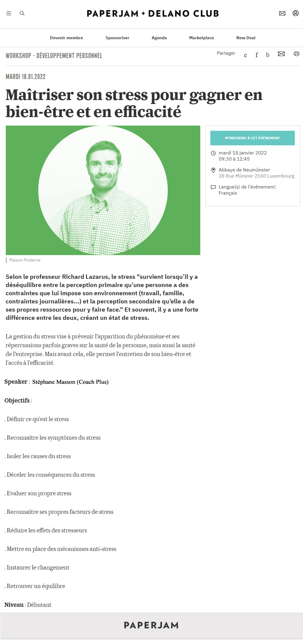 St�phane Masson Coach - Workshop Comment Maitriser son stress pour gagner en bien-etre et en efficacite